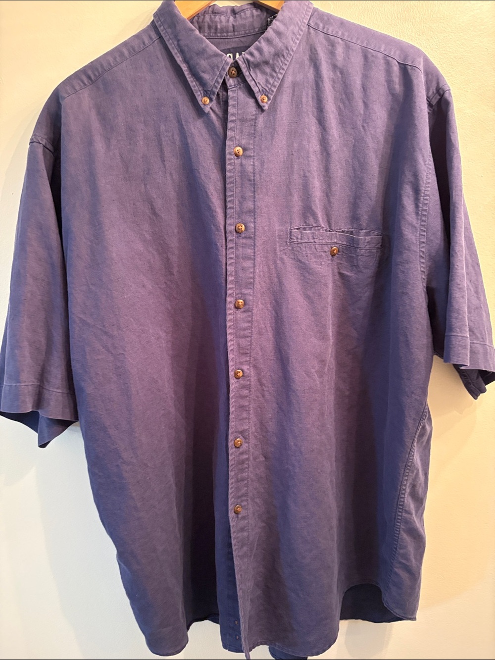 Vintage 90s GAP Blue Linen Cotton Short Sleeve Button Down Pocket Shirt L